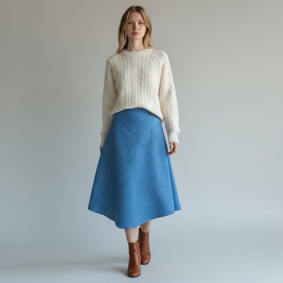 Vintage 70s Blue Quilted A-Line Skirt Handmade Medium fit Polka Dot Cute Retro - Picture 5 of 10